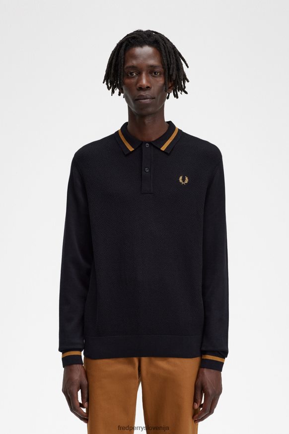 oblačila Fred Perry teksturirana sprednja pletena srajca Črna moški JR84XT472 oblačila Fred Perry teksturirana sprednja pletena srajca Črna moški JR84XT472